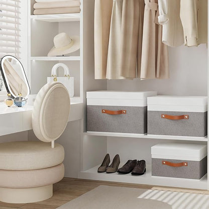 Fabric Storage Bins with Lids, Linen Collapsible Boxes, Storage Baskets with Double Handles, White and Grey, 5 Pack, 13 x 9.1 x 7.9 Inch