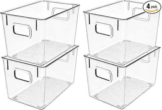 4 Pack Clear Plastic Storage Bins with Handles, Pantry Organizers & Storage Containers, Cabinet Organizer, Home Organization Must Haves for Kitchen, Laundry Room, Office, Closet, Garage & Freezer,L