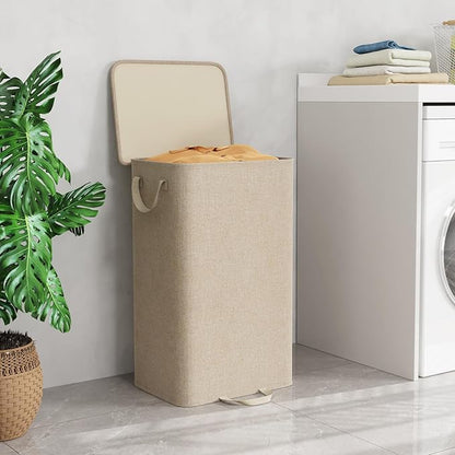 Lifewit Single Laundry Hamper with Lid and Removable Laundry Bags, Large Collapsible 1 Dividers Dirty Clothes Basket with Handles for Bedroom Laundry Room Closet Bathroom College, 100L Beige