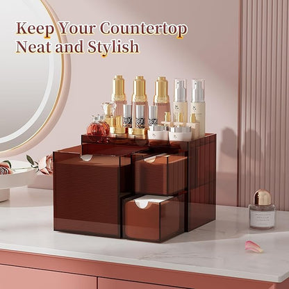 Youdepot Acrylic Face Towel Holder with Drawer – 4-Layer Disposable Face Towel Holder Organizer Box – Bathroom Countertop Storage for Cotton Pads, Swabs, and Skincare(Amber)