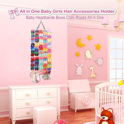Hair Bows Holder & Organizer w/Extra Large Capacity, Head Bows Hanger, 27 Ribbons, Baby Hair Accessory Storage Display with Sturdy Rope, Wall Hanging for Girl Room