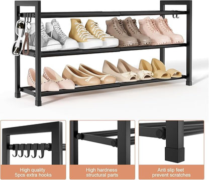 LANTEFUL Adjustable 18"-33" Expandable Shoe Rack for Closet 12 Pairs Small Spaces 3 Tier Shoe Organizer with 5 Hooks Metal Shoe Shelf for Entryway, Bedroom