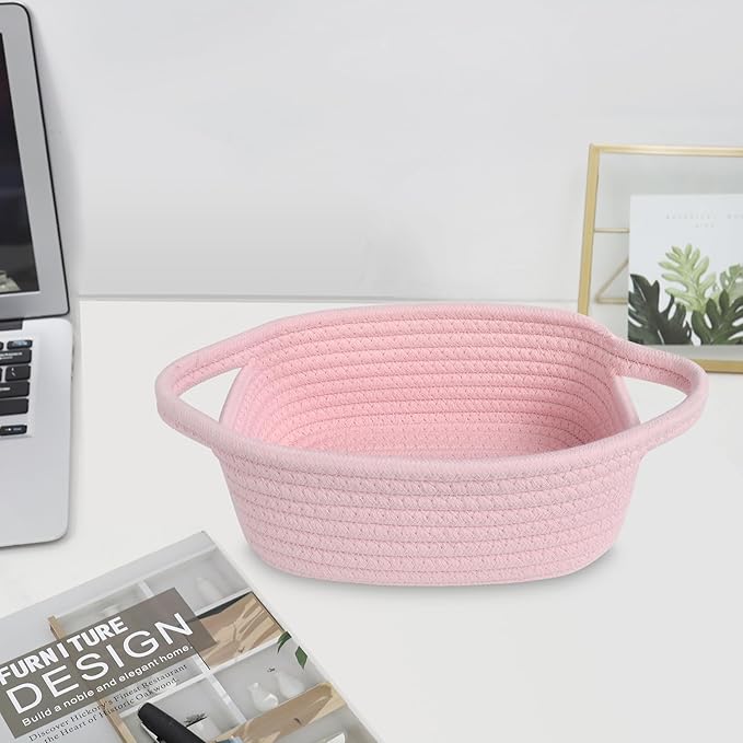 ABenkle Small Storage Basket, Mini Basket, Cute Tiny Cotton Rope Woven Basket, Shelf Basket, Boho Decorative Toy Dog Cat Basket for Nursery, Bedroom, Spa, Empty Gift Basket - XS, Pink