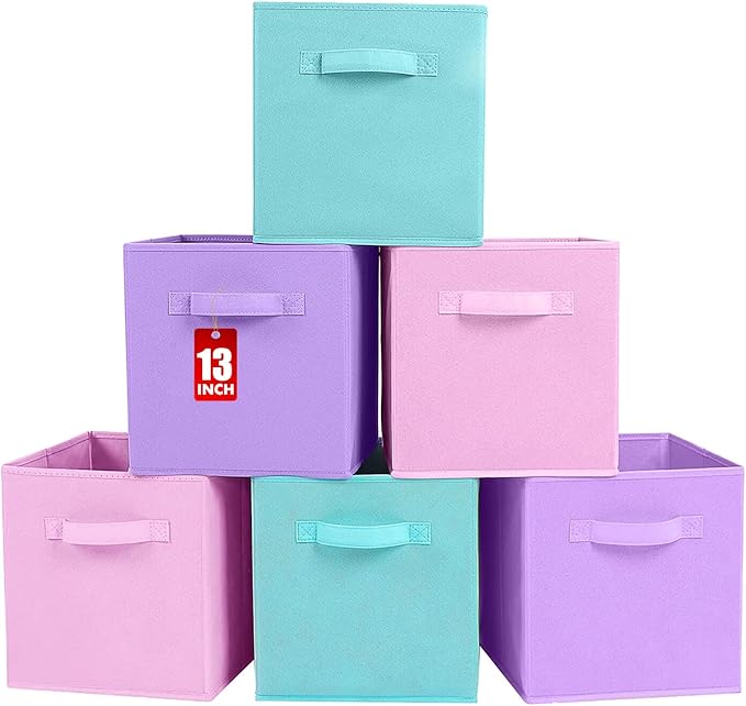 ShellKingdom Foldable Fabric Storage Cubes And Cloth Organizer Drawer For Closet And Toys, 13 X 13 X 13 INCH, 6 Pack (Lavender+Light Blue+Pink)