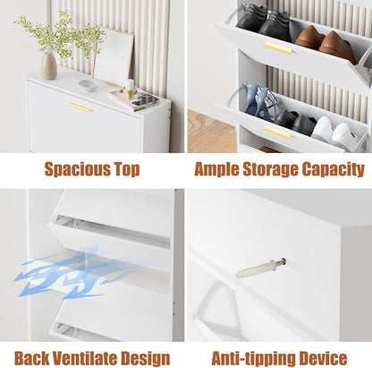 JOZZBY Shoe Cabinet Storage with 3 Flip Drawers for Entryway, White Slim Freestanding Modern Narrow Shoe Organizer Rack Cabinet for Hallway, Living Room, Set of 2