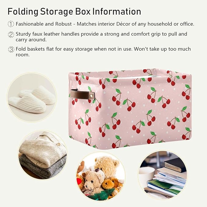 Storage Basket Cherry Rectangular Collapsible Canvas Shelves Storage Bins with Leather Handles for Shelves Home Closet Bedroom Living Room, 1Pack
