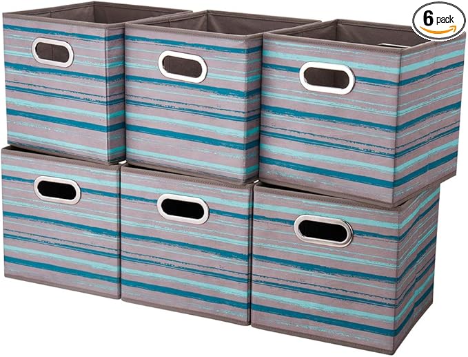 6 Cube Storage Bins Teal Stripes Gradient Lines 10.5x10.5x11 Inch Foldable Whale Coastal Print Fabric Half Storage Basketes for Home Organizers Storage Drawer,QY-SC12-6