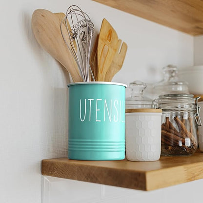 Bivvclaz Teal Kitchen Utensil Holder, 6.7" Utensil Holder for Kitchen Counter, Cooking Utensil Crock with Cork Bottom, Turquoise Decor and Accessories, Countertop Utensil Storage Caddy Organizer