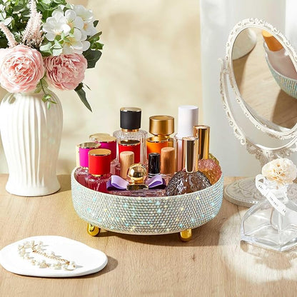 Honeydak White Bling Perfume Makeup Organizer Bling Mother's Day Nurses Day Gifts for Women Bathroom Organizers and Storage 360 Rotating Makeup Organizer for Countertop(Resin Stone)