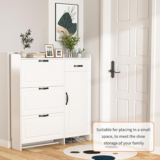 Shoe Cabinet for Entryway, Freestanding Shoe Storage Cabinet with 3 Flip Drawers and Side Cabinet, Narrow Shoe Rack Organizer with Adjustable Shelves, Modern Slim Hidden Shoe Cabinet, White