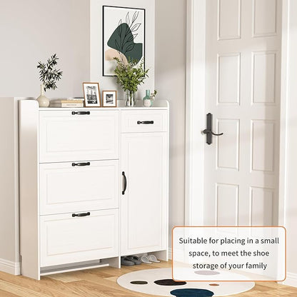 Shoe Cabinet for Entryway, Freestanding Shoe Storage Cabinet with 3 Flip Drawers and Side Cabinet, Narrow Shoe Rack Organizer with Adjustable Shelves, Modern Slim Hidden Shoe Cabinet, White