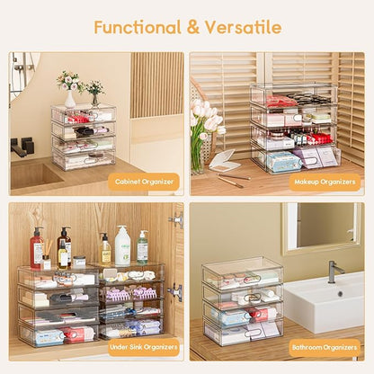 Clear Stackable Makeup Organizer with Drawer, 12''W Acrylic Storage Drawers, Cosmetic Display Case for Vanity Bathroom Countertop, Beauty Holder for Lipstick Brush Skincare Perfume (3 Tier)
