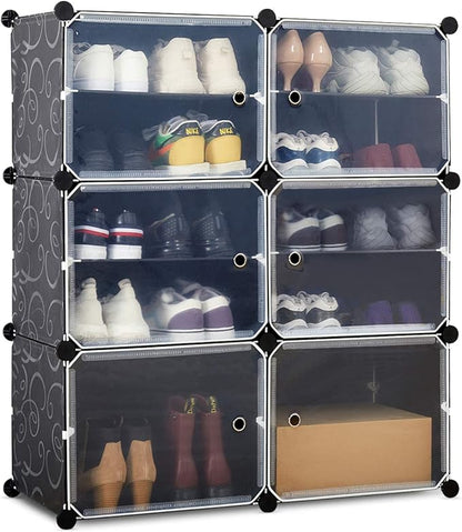 Mondeer Shoes Rack, Shoe Storage Cabinet, Shoe Storage Ideas, Plastic Foldable Shoe Storage Unit with 6 Tier, Modular Shoe Organizer for Space Saving (Black)