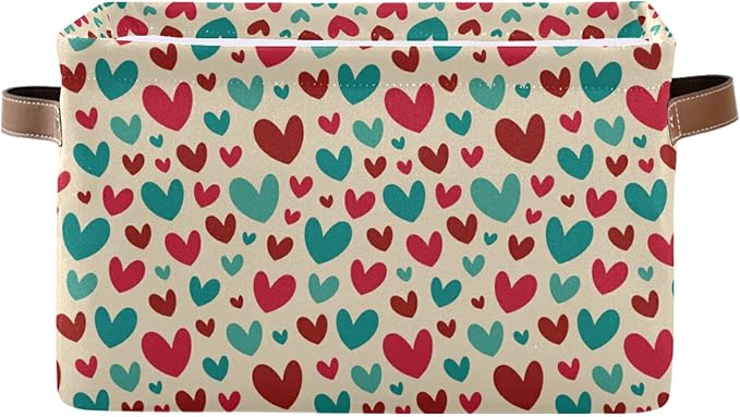 Bolaz Large Storage Basket Vintage Teal Red Cute Hearts Foldable Storage Box Organizer Bins with Handles for Bedroom Home Office