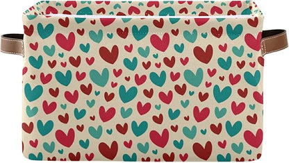 Bolaz Large Storage Basket Vintage Teal Red Cute Hearts Foldable Storage Box Organizer Bins with Handles for Bedroom Home Office