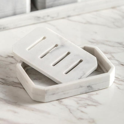 Resin Marble-Like Texture Soap Dish Drainable Soap Holder,Double Layer Draining Soap Dish.