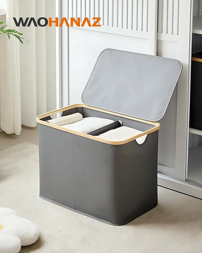 Storage Basket with Lid and Handles, 100L Fabric Bin with Divider for Shelf, Closet, Toy Organization, Collapsible Storage Organizer for Home, Grey
