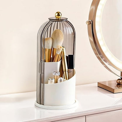 Hvygss 360° Rotating Makeup Brush Holder with Lid, Waterproof Three-Compartment Makeup Organizer, 180° Side-Pull Door Desk Organizer, Dustproof Brush Holder for Vanity and Bathroom (Grey)