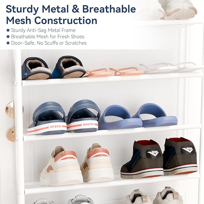 Whitmor 36 Pair Over The Door Shoe Organizer, 12 Tier Hanging Shoe Organizer, Heavy Duty Metal & Mesh Shoe Holder, Hanging Shoe Rack for Closet Organizer & Storage, 74"L x 21.7"W x 7.5"H, Matt White