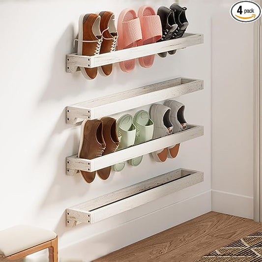 tonchean Wall Mounted Shoe Rack 30in, Solid Wood Hanging Shoe Organizer Storage Rack Shabby White Washed, Wooden Shoe Shelf Rack, Hanging Shoe Organizer Holder for Closet Mudroom RV Entryway, 4 pack