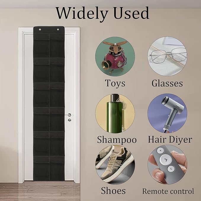 Black Over Door Shoe Organizer, 12 Large Pockets Hanging Storage for Closet Organization, Space Saving Shoe Rack and Accessory Holder
