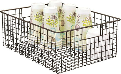 mDesign Metal Wire Food Storage Basket Organizer with Handles for Organizing Kitchen Cabinets, Pantry Shelf, Bathroom, Laundry Room, Closets, Garage - Concerto Collection - 2 Pack - Bronze