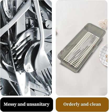6 Pcs Flatware Tray with Lid Large Plastic Drainer Silverware Utensil Clear Drawer Organizer Cutlery Storage Container Box Dinnerware Holder with Cover for Home Kitchen Travel
