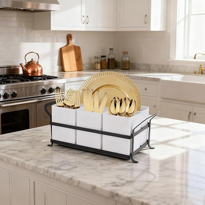 Silverware Caddy Metal Utensil Holder for Party Countertop Silverware Utensil Caddy Cutlery Flatware Organizer for Spoons Forks Plates Napkins white&Black