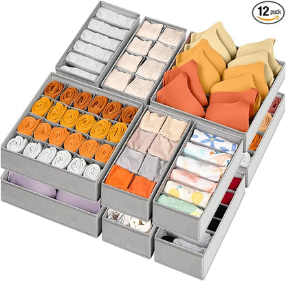 Criusia 12 Pack Sock Underwear Drawer Organizer Dividers, 116 Cells Fabric Foldable Dresser Closet Organizers and Storage Bins for Baby Clothing, Women Men Underwear Socks, Bra, Ties, Scarf