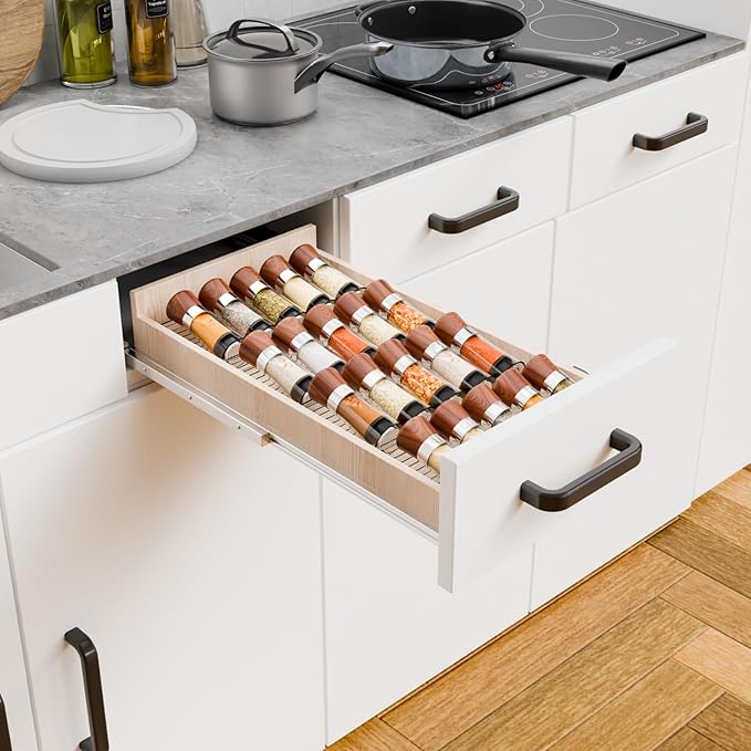 Yieach 8 Pack Adjustable Narrow Spice Rack for Drawer - Expandable From 9" to 17.7" - Acrylic Drawer Seasoning Organizer,Tiered Clear Spice Tray for Spices,Condiment,Nail Polish and Jar Organization