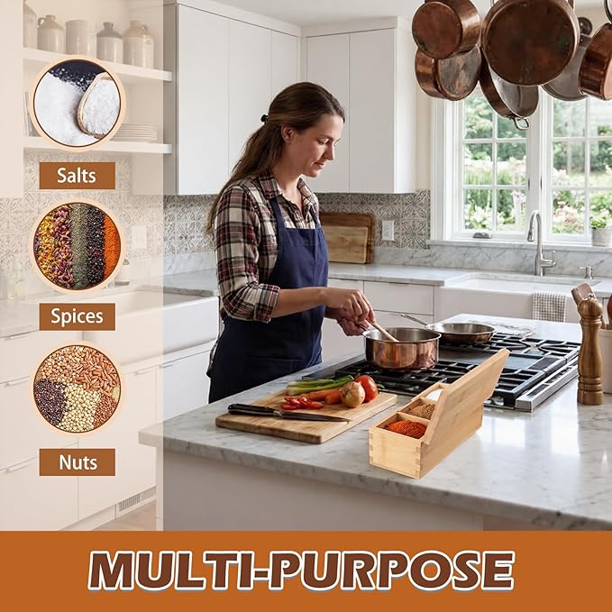 Bamboo Salt Cellar Spice Box with Magnetic Lid 29oz Large Capacity Salt Organizer 3 Compartments for Kitchen Countertop, Pepper, Seasonings, Spices, Grilling & Cooking