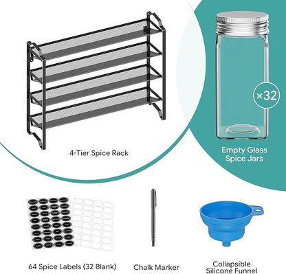 Simple Trending Spice Rack Organizer with 32 Empty Spice Jars, 64 Spice Labels, Chalk Marker and Funnel Set for Cabinet, Countertop, Kitchen, Pantry or Wall Mount, Black