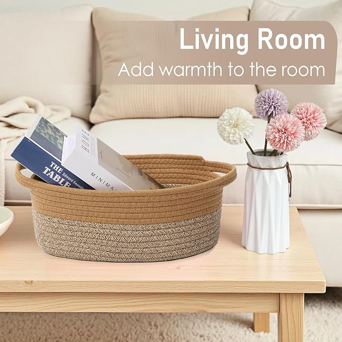 JMvicyroam Woven Basket,Small Rope Storage Bin with Handles & Ribbon Bag, Organizer for Shelves Closets,Gift Basket Empty for Birthday,Books,Dog Toys, Jute&Brown/3 Pack