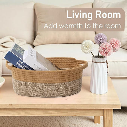 JMvicyroam Woven Basket,Small Rope Storage Bin with Handles & Ribbon Bag, Organizer for Shelves Closets,Gift Basket Empty for Birthday,Books,Dog Toys, Jute&Brown