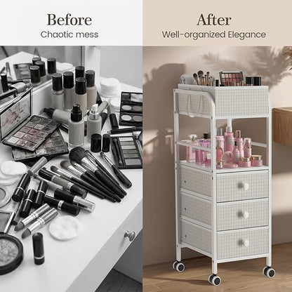 2-in-1 Makeup Organizer Cart with Removable Travel Cosmetic Bag, 5 Tier Rolling Makeup Cart on Wheels with Drawers, Floor Cosmetic Display Cases Holder for Vanity Skincare Perfume Nail Polish Storage