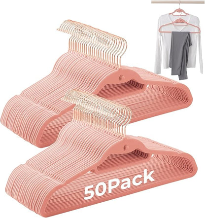 Pink Velvet Hangers 50 Pack, Felt Covered Non Slip Fabric with Stackable Cascading Hook, Ultra Thin and Space Saving with 360° Swivel Neck, 15Lbs Capacity for Clothes, Suit, Shirt, Coat
