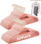 Pink Velvet Hangers 50 Pack, Felt Covered Non Slip Fabric with Stackable Cascading Hook, Ultra Thin and Space Saving with 360° Swivel Neck, 15Lbs Capacity for Clothes, Suit, Shirt, Coat