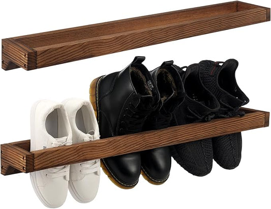 Wenqik 2 Pcs Wall Mounted Wooden Shoe Rack 30 Inch Rustic Wood Wall Hanging Shoe Rack Space Saving Footwear Holder Shoes Storage Organizer for Mudroom, Entryway, Closet (Burnt Wood)