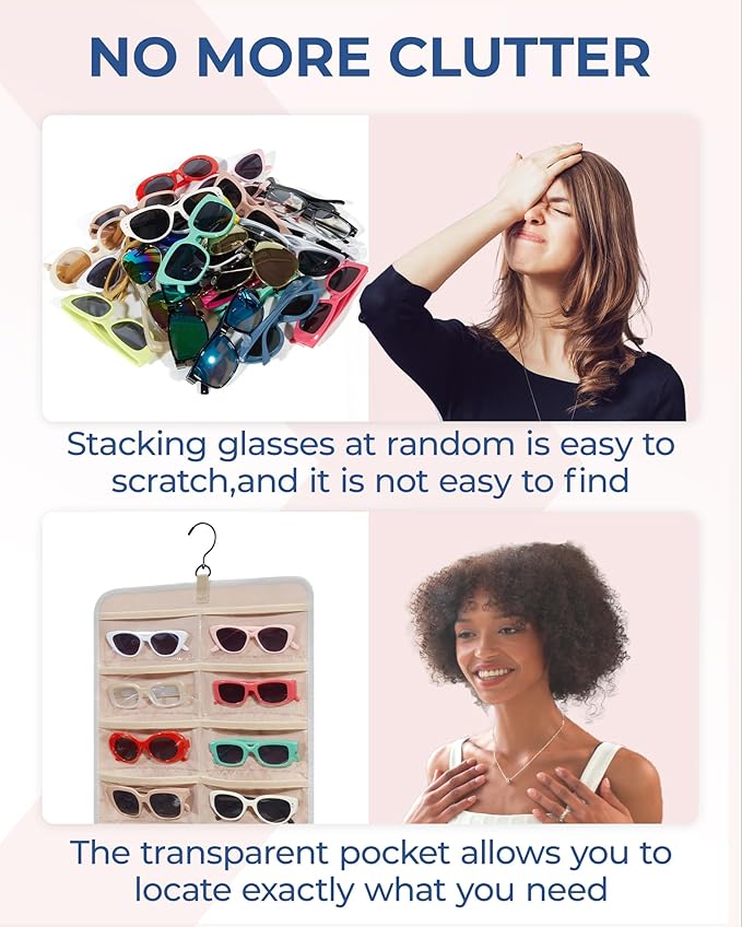 BAGSMART Hanging Jewelry Organizer, Dust Proof Sunglasses Storage Case Wall Mounted, Travel Dual Sided Glasses Case Multiple Pairs, Eyeglasses Holder with 32 Clear Slots & Metal Hook, Grey