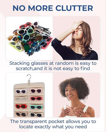 BAGSMART Hanging Jewelry Organizer, Dust Proof Sunglasses Storage Case Wall Mounted, Travel Dual Sided Glasses Case Multiple Pairs, Eyeglasses Holder with 32 Clear Slots & Metal Hook, Grey