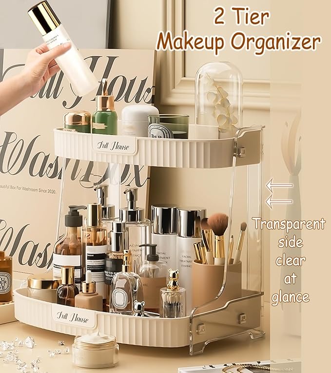 Skincare Organizer 2 Tier,Large High Capacity Makeup Countertop Storage,Perfume Holder Cosmetic Display Cases,for Vanity,Desktop, Bathroon, Dresser,Ideal for Women (Beige)