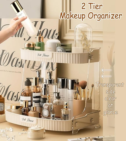 Skincare Organizer 2 Tier,Large High Capacity Makeup Countertop Storage,Perfume Holder Cosmetic Display Cases,for Vanity,Desktop, Bathroon, Dresser,Ideal for Women (Beige)