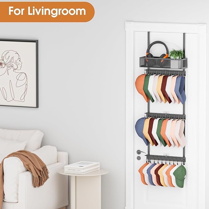 3 Tier Over Door Hat Organizer with Basket, Hat Rack for Baseball Cap with 18 Hooks and 10 Movable Clips,Hat Hanger Storage Holds up to 30+ Caps for Door, Bedroom, Closet (Black)