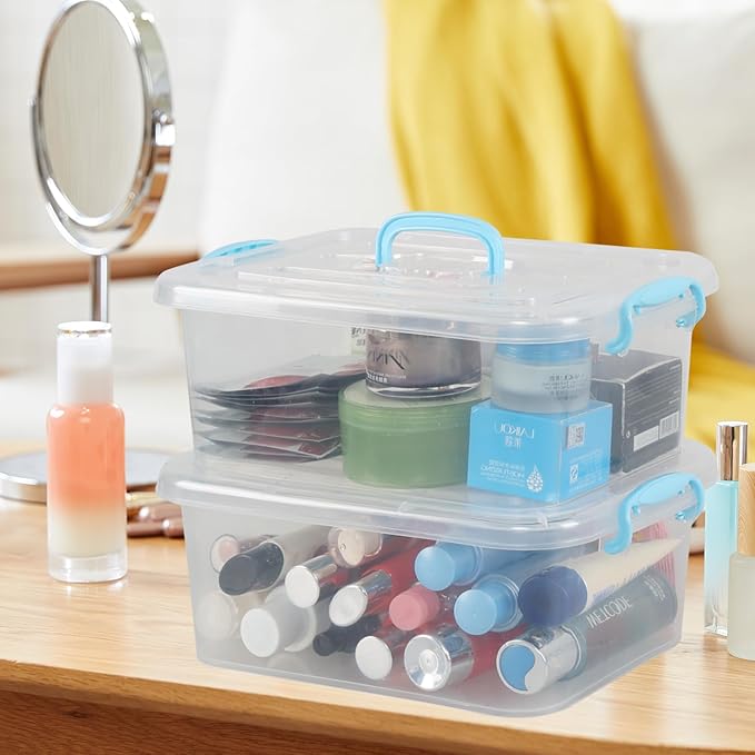 8 Quart Plastic Latching Storage Box with Handles, Small Plastic Tote Bin with Lid, 2 Packs