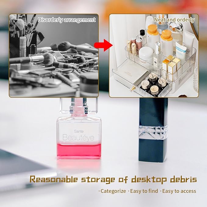 Acrylic Makeup Organizer for Vanity,Cosmetic Display Cases with 1 Drawers and 1 Tray,Stackable Countertop Cosmetics Storage,for Makeup Brush,Hair Accessories,Lipstick and Jewelry,Skincare