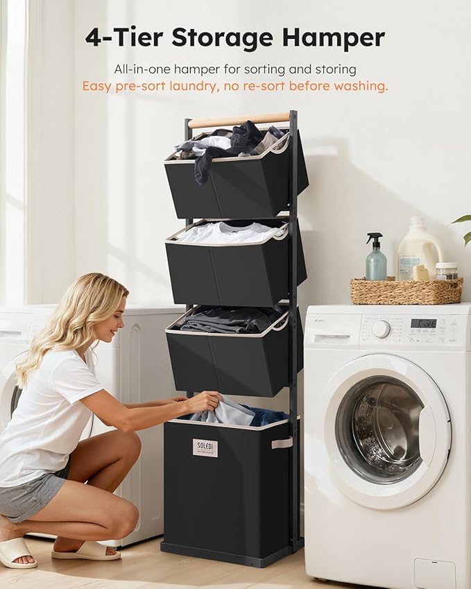 SOLEDI 4 Section Laundry Hamper Sorter, Stackable Laundry Basket Organizer with Removable Basket, 125L 4-Tier Vertical Laundry Sorter for Small Space, Laundry Room, Dorm, Bathroom, Wardrobe Black