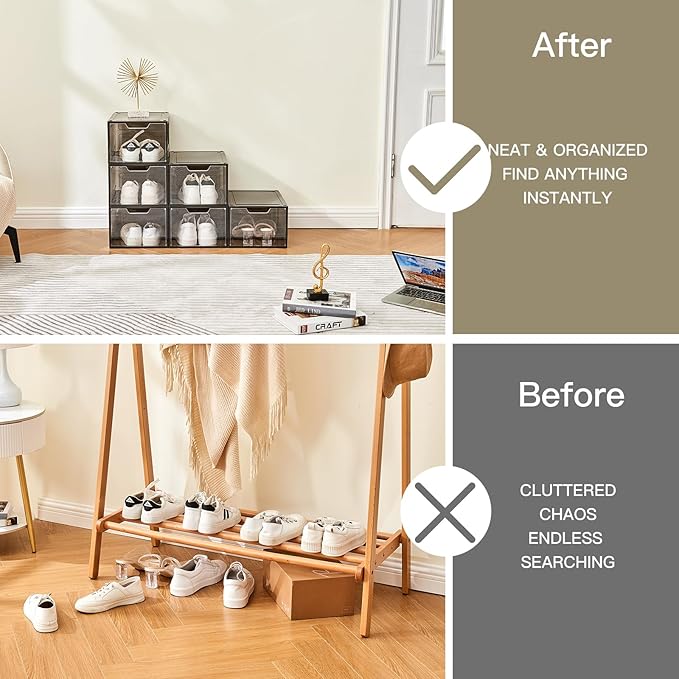 6PCS Magnetic Door Transparent Shoe Box, Stackable Space-Saving Organizer for Bedroom/Bathroom/Closet/Entryway