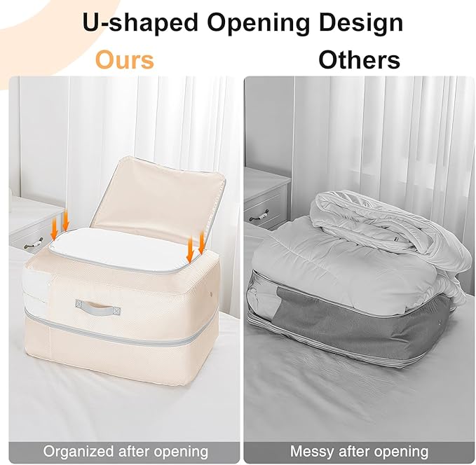 Comforter Storage Bag - 110L Large Capacity Blanket Storage Bags 2-Layer Ultra Space Saving Self Compression Organizer, Washable Compression Bags for Storage Comforter Blanket, 6-Pack, Beige