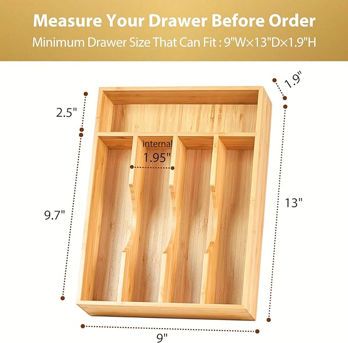 Umilife Bamboo Kitchen Drawer Organizer, 9 Inch Silverware Utensils Tray Holder for Small Drawer, Wood Caddy for Flatware Cutlery Knives