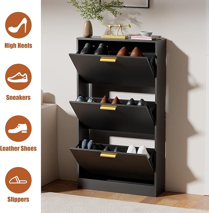JOZZBY Shoe Cabinet Storage with 3 Flip Drawers for Entryway, Black Slim Freestanding Modern Narrow Shoe Organizer Rack Cabinet for Hallway, Living Room, Set of 2